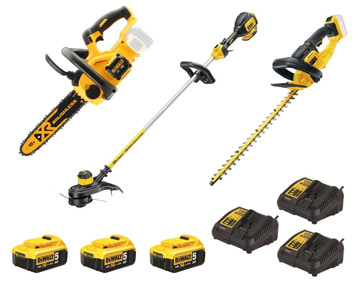 DeWalt DCM561P3SET 3-delig DCMHT563P1 heggenschaar - DCM565 kettingzaag - DCMST561P1-QW grastrimmer 18V 3 x 5.0Ah Li-Ion + 3 laders