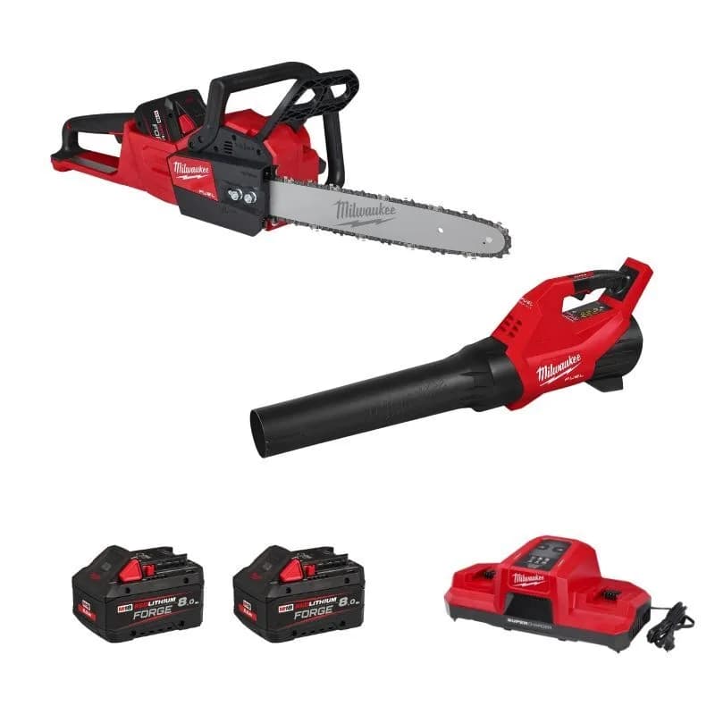 Milwaukee 4933500228 M18 Combipack Accu-kettingzaag- en bladblazer 2x 18V 8,0Ah accu en lader